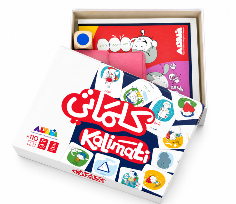 The Kalimati children's board game set by AIDA, shown with its white box featuring red and blue graphics, partially open to reveal colorful game pieces inside.